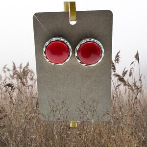 Vintage Womens Retro Red Plastic Earrings‎ Gold-Tone Rope Trim